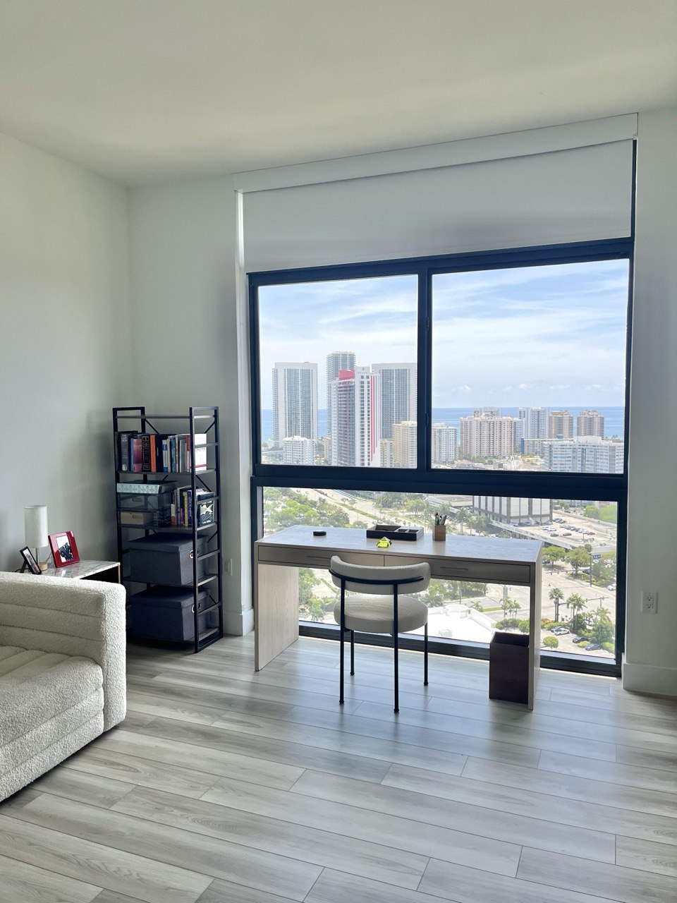 Organized home office with built-in shelving and desk